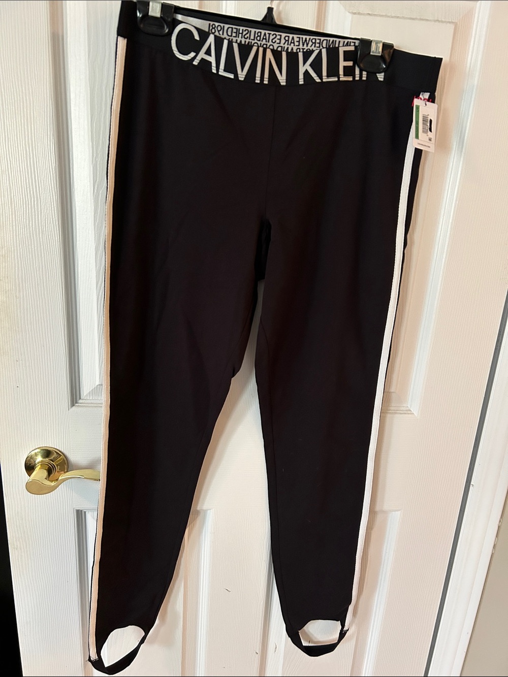 Calvin Klein Black Stirrup Leggings with White Side Stripe
